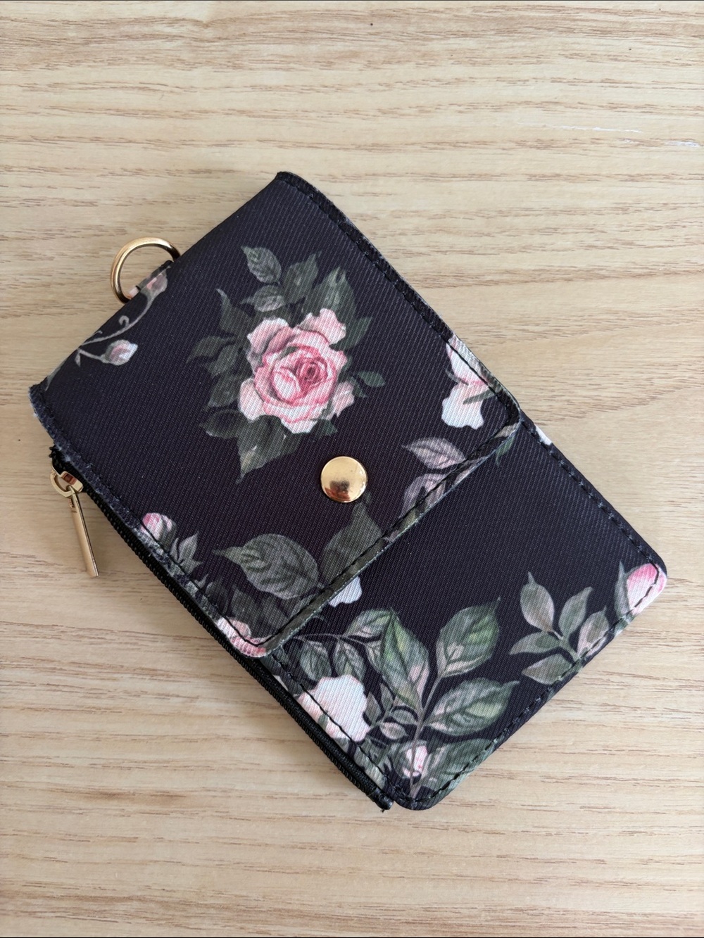 Black Floral Zip Wallet with Rose Print